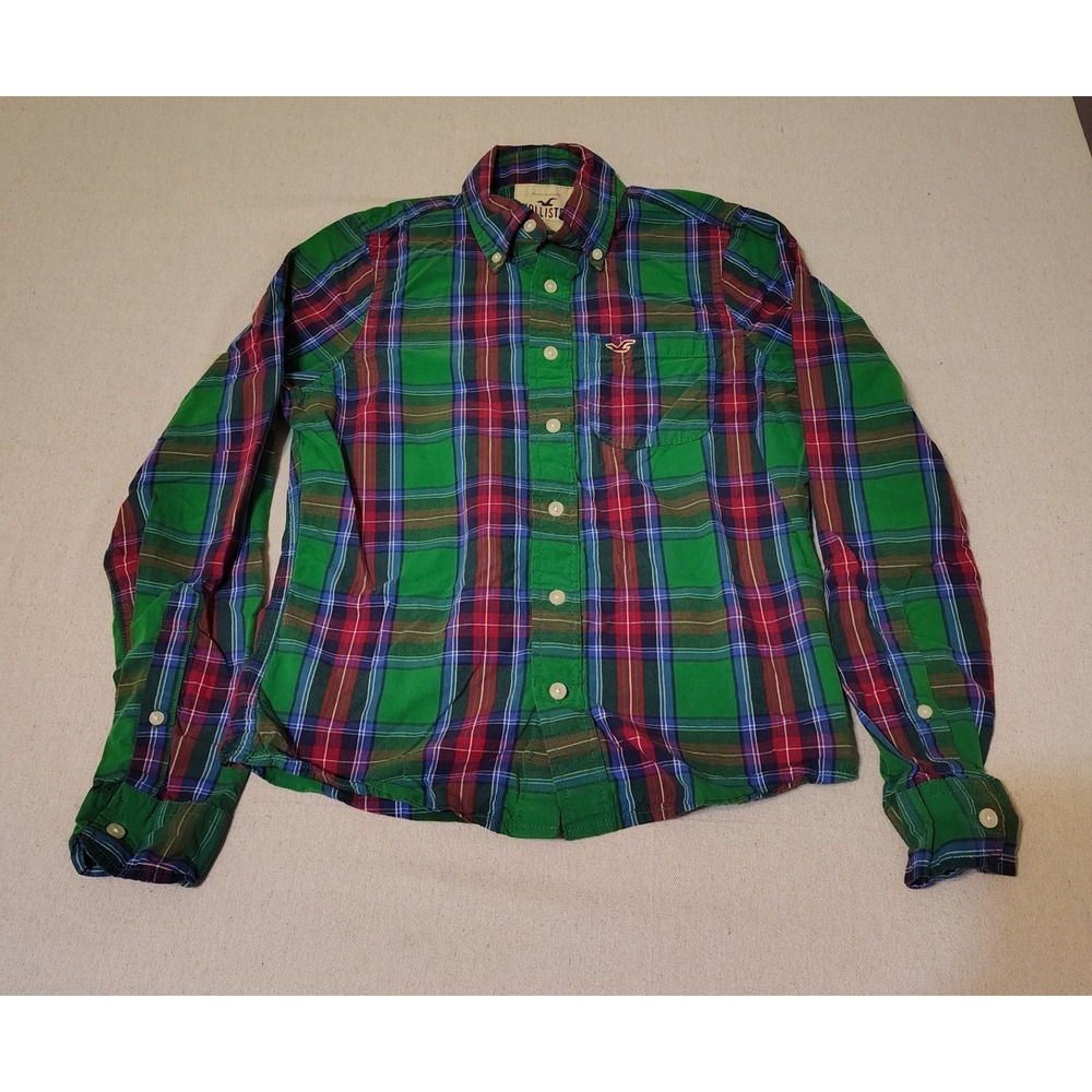 Hollister Plaid Button Up Shirt Green Red Blue Long Sleeve Pocket S 2